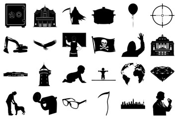 Assorted Black and White Silhouette Icons Set safe