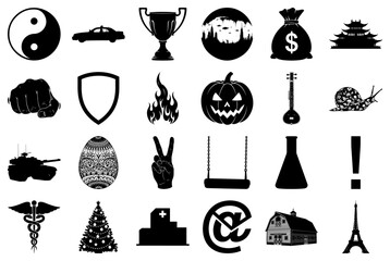 Assortment of Black and White Icons Representing Various Symbols