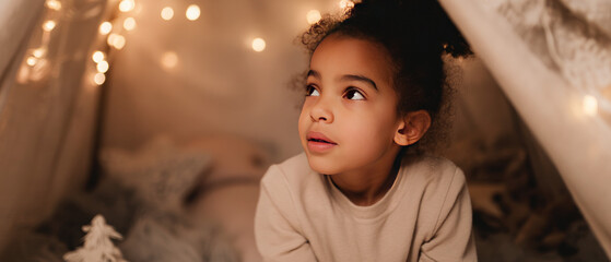 Adorable young girl with curly hair looking away in warm fairy lights