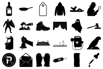 Assortment of Black and White Silhouette Icons Keywords: silhouette, icon, symbol, object