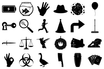 Black and White Silhouette Icons for Various Concepts Keywords: battery, lightning bolt
