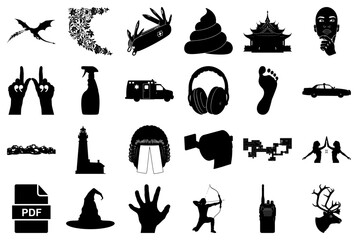 Collection of Black and White Icons and Silhouettes Keywords: dragon, floral ornament, swiss army