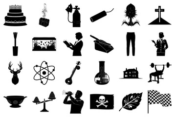 Collection of Black and White Icons Representing Various Concepts