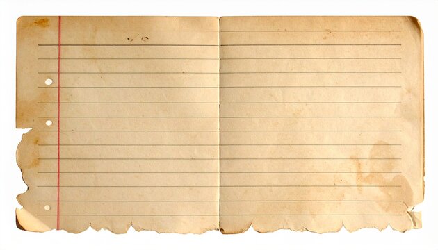 Distressed vintage lined paper background, showcasing aged texture, rough torn edges, a central fold, and visible punch holes. Ideal for retro designs