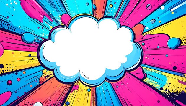 Comic explosion with colorful rays and a blank speech bubble for text - Powered by Adobe