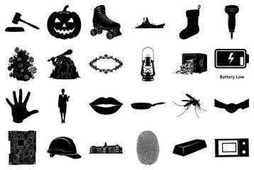 Collection of Icons for Law, Halloween, and Technology Keywords: gavel, jack-o-lantern, roller