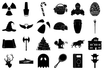 Diverse Black and White Silhouette Icons Collection Keywords: silhouette, icon, symbol, object