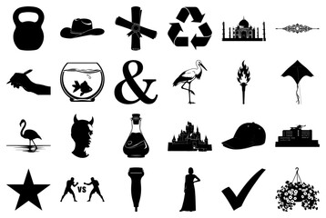 Diverse Black and White Silhouettes of Objects and Concepts Keywords: kettlebell cowboy hat