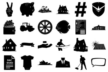 Diverse Black and White Silhouette Icons Keywords: peace sign, victory sign, piggy bank, factory