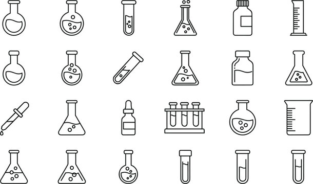 Laboratory and chemistry outline icon set with flasks test tubes beakers and scientific experiment symbols for research design