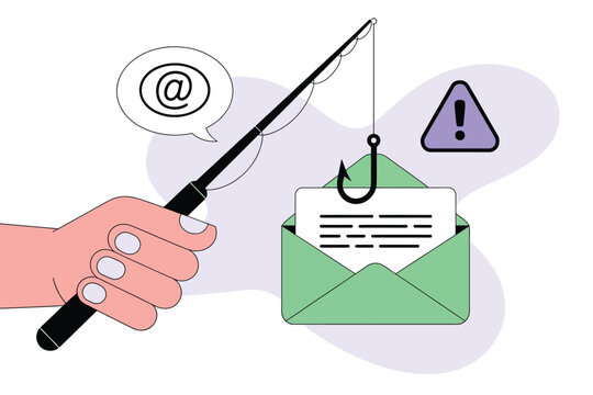 Hand holding fishing rod luring email with hook, symbolizing phishing attack and online security threat