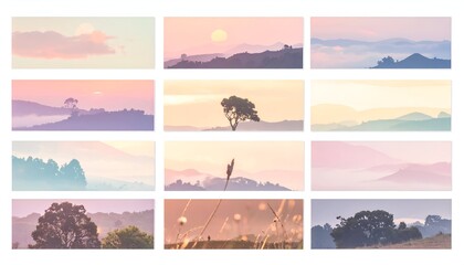 A grid of 12 landscape photos featuring soft pastel sunrise or sunset scenes