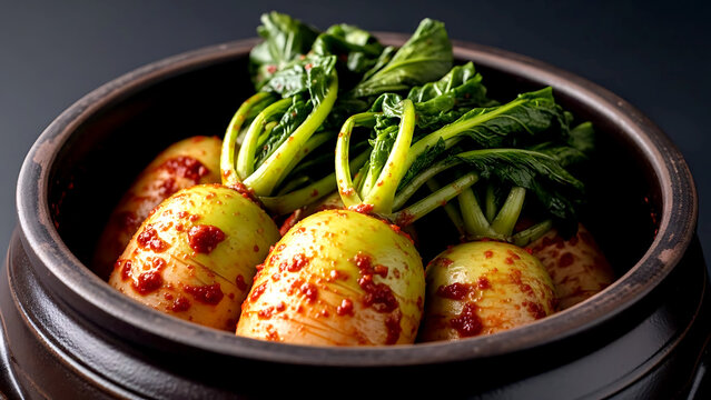 Korean chonggak kimchi whole radish kimchi with cabbage leaves, the small radishes with their greens intact, buried in spicy paste, in a traditional brown clay jar 