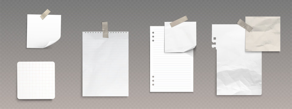 Paper note collection with tape and torn edges - notebook sheets, sticky post labels and memo stickers. Vector notepad pages with adhesive strips for scrapbook, bulletin board and office design.