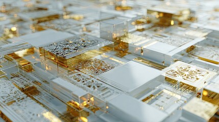 Abstract gold and white circuit board pattern. Digital technology background with geometric shapes. Modern computing and data processing concept.