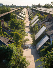 Obraz premium Residential neighborhood with solar panels, damaged roofs, and cluttered sidewalk.