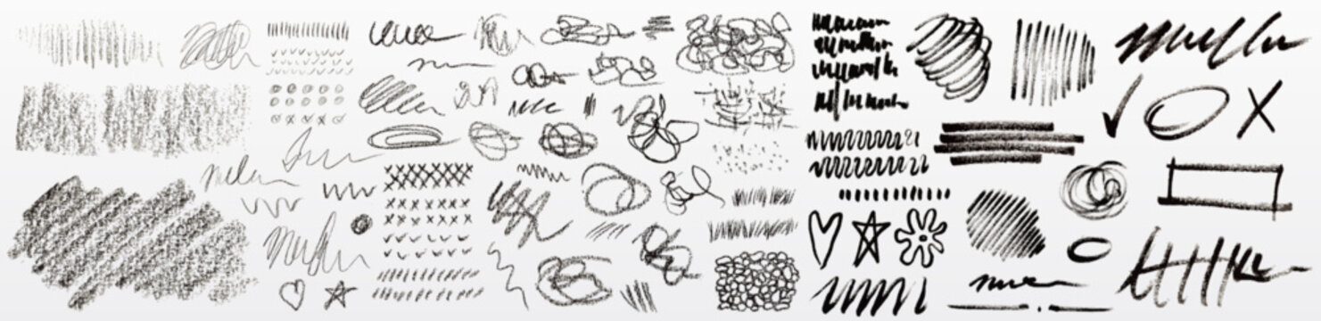 Crayon and ink scribble line collection with pencil doodle textures. Hand drawn scratch marks, brush strokes and marker pen elements. Vector set of rough charcoal crayon sketches and grunge effects.