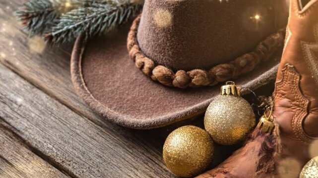 This charming stock video captures a rustic and festive holiday scene, presenting a close-up arrangement on weathered wooden planks. A classic brown felt cowboy hat, detailed with a braided band, rest