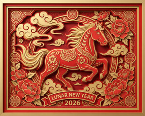 Intricate 2026 Year of the Horse paper cut art design in square frame with traditional Chinese patterns.