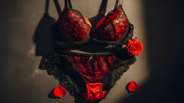 hanging black red lace sexy lingeri.flat lay.