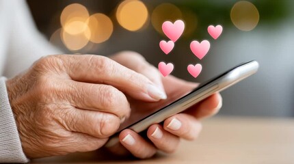Elderly woman hands using smartphone with pink heart icons, online dating or social media concept