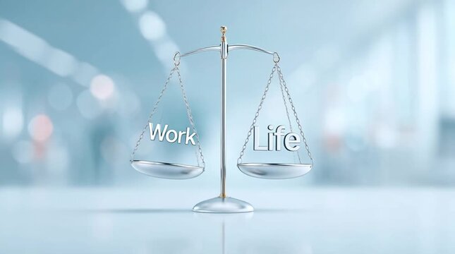 Work life balance concept with scales weighing work and life words on blurred background