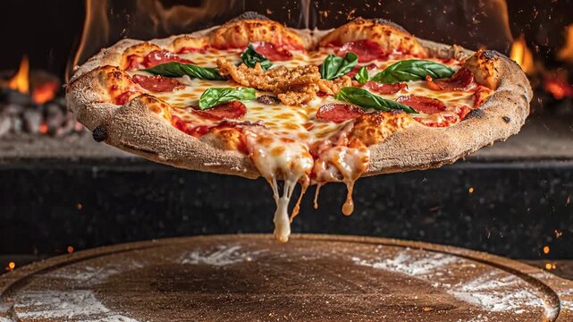 Delicious pepperoni pizza with melting cheese levitating over a wooden board in a fiery oven background. Concept of traditional Italian cuisine