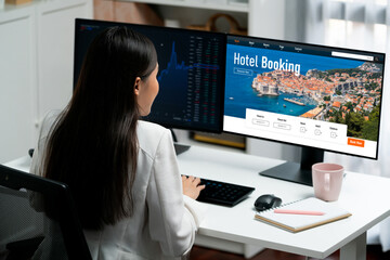 Online hotel accommodation booking website provide brisk reservation system . Travel technology concept .