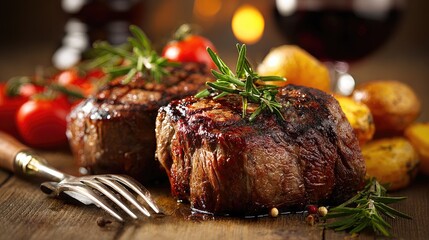 Grilled steak with vegetables and wine on a wooden table