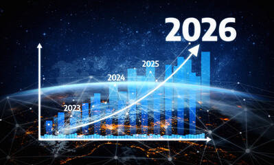 This image illustrates a dynamic financial growth trend from 2023 to 2026, showcasing bar charts against a cosmic background, representing data analysis and investment potential. Tessel