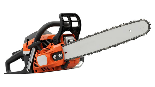 Orange chainsaw with black accents and silver blade isolated on transparent background displayed at an angle