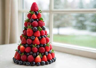 Festive Berry Arrangement Shaped like a Christmas Tree with Window Background