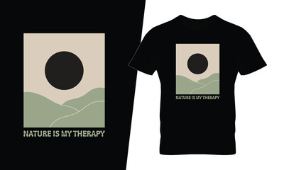 Nature Is My Therapy T-shirt Design with Minimalist Landscape and Sun Illustration