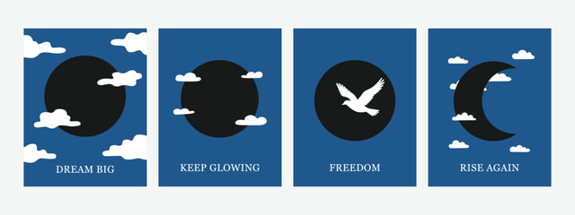  Minimalist Night Sky Posters with Moon Clouds, Bird, and Inspirational Quotes