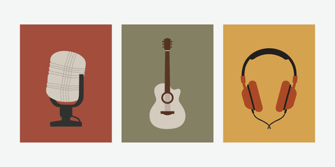 Retro Style Music Icons with Microphone, Acoustic Guitar, and Headphones Illustration