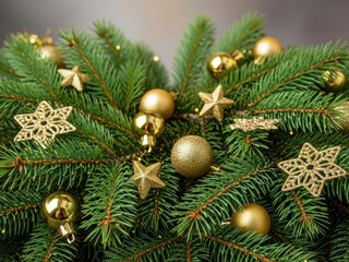Christmas Tree Decorations Golden Ornaments and Stars