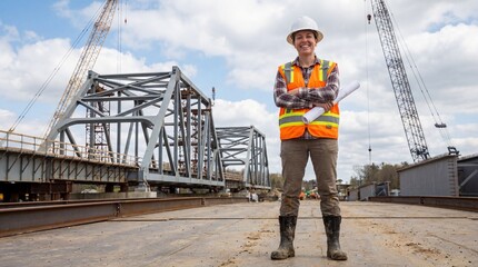 Confident Female Engineer Smiling on Construction Site with Bridge Structure and Heavy Machinery in Background