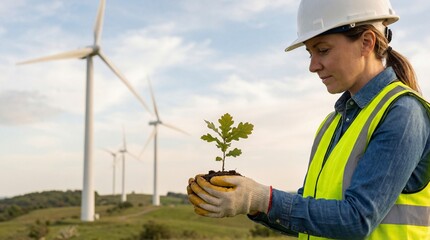 Sustainable Development and Environmental Conservation Efforts by Female Engineer with Oak Seedling at Wind Farm Site