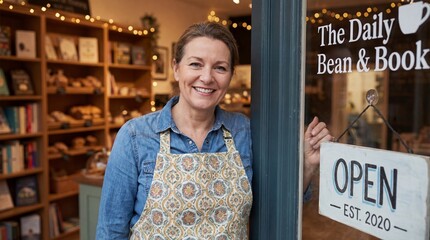 Smiling woman stands in doorway of cozy cafe and bookstore, welcoming customers with open sign in a warm and inviting atmosphere, perfect setting for relaxation and enjoyment