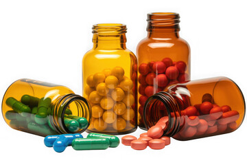 Various pills and capsules spilling out of medicine bottles isolated on transparent background