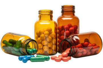 Various pills and capsules spilling out of medicine bottles isolated on transparent background