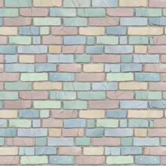 Colorful pastel brick wall pattern with a mix of blue, pink, green, and yellow shades in a uniform layout