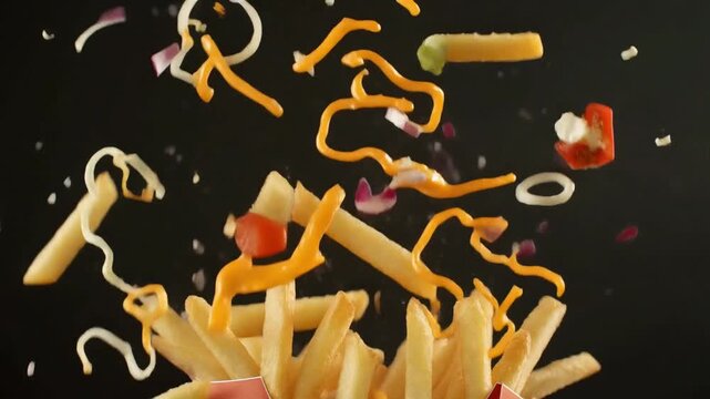 Straight-cut fries flying, cheese strings and toppings drifting apart