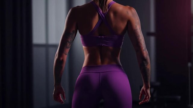 Woman working out in fitness studio with purple workout clothes in evening light - Powered by Adobe