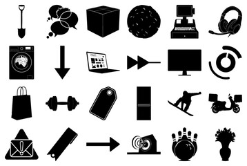 Collection of Black and White Icons Representing Various Objects and Activities Keywords: shovel