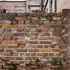 Brick wall covered with moss in an industrial area during daylight hours