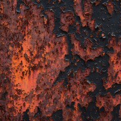 Rusty metal surface shows layers of texture and color with orange and black shades on an old wall