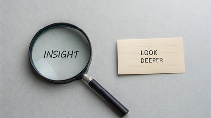 Close-up of Magnifying Glass Highlighting Insight with Note Card Presenting Look Deeper on Minimal Background