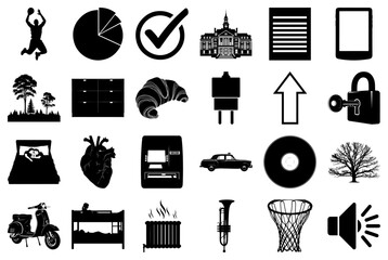 Collection of Black and White Silhouette Icons Keywords: basketball player jumping, pie chart