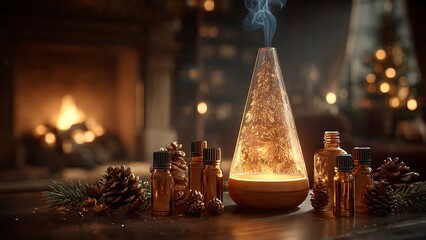 Cozy winter evening aromatherapy with warm fireplace glow, pine cones, and essential oil diffuser creating a serene ambiance for relaxation and wellness.